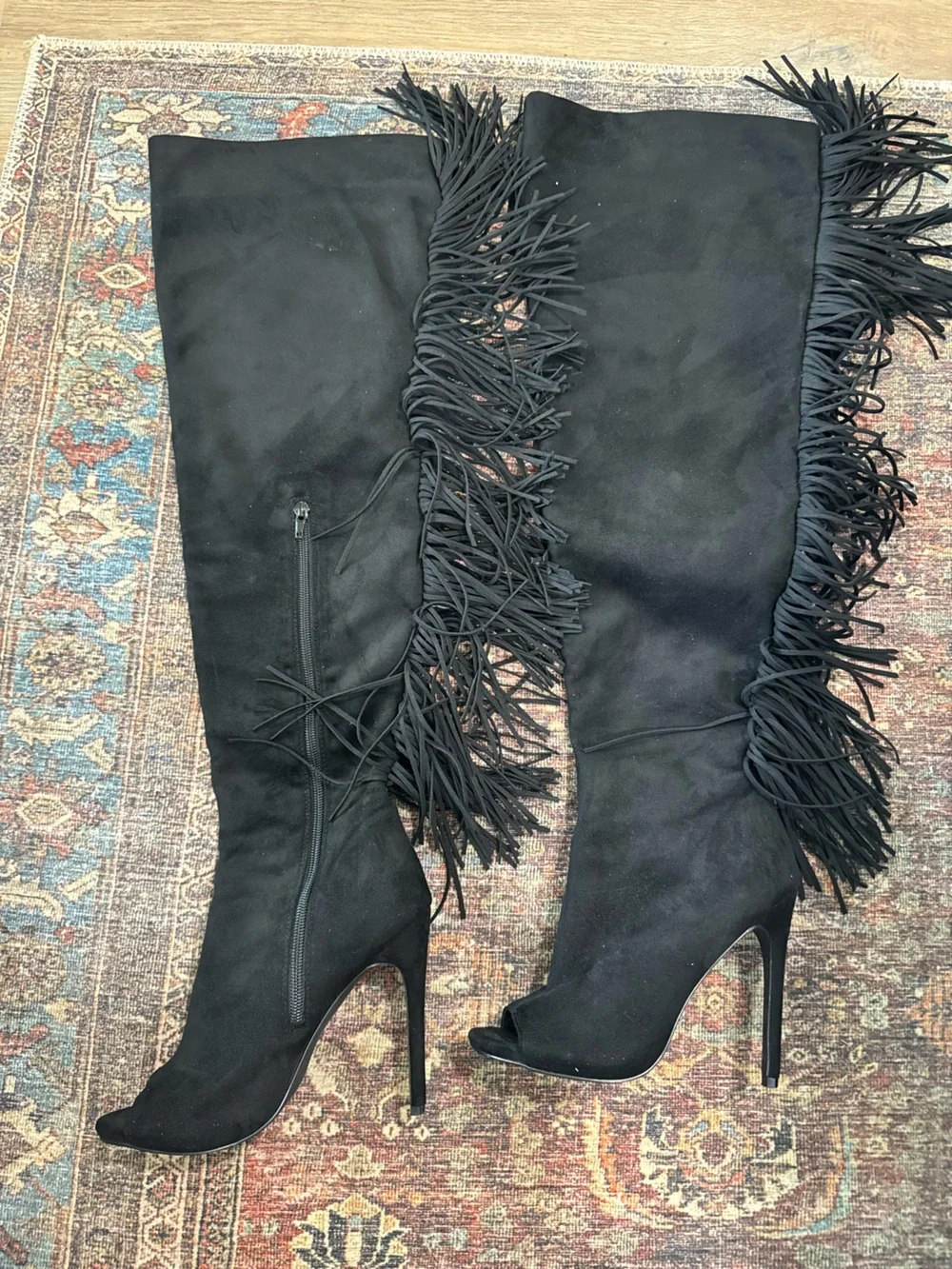 Privileged Suede Fringe Peep Toe Stiletto Thigh High Over The Knee Boot 6.5